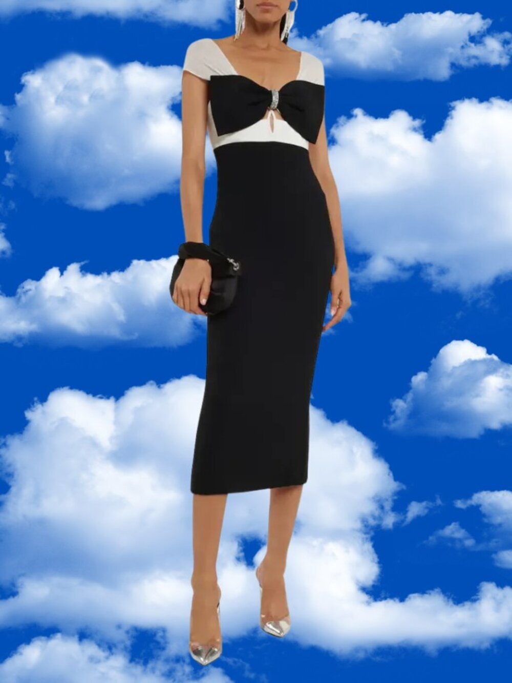 Self-Portrait Crepe Crystal Bow Midi Dress Black/White Size US 0 NWT MSRP $595